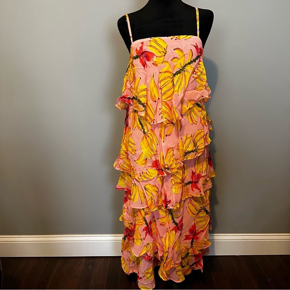 NWT Farm Rio Banana Taste Tiered Irregular Pink Sleeveless Midi Dress Ru… - Picture 3 of 12